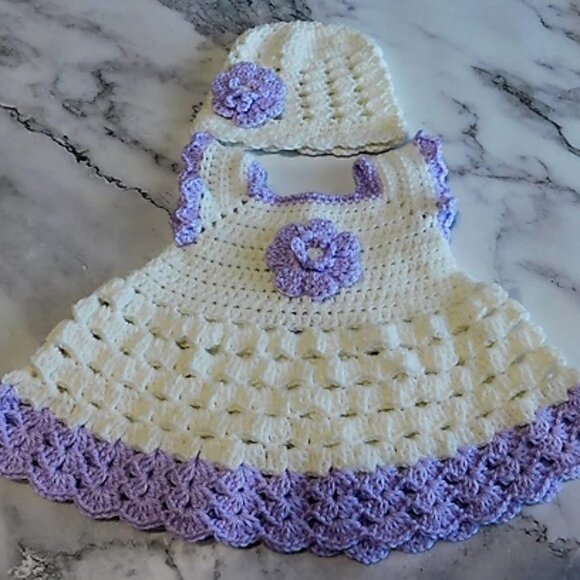 Crochet Baby Dress Handmade, Fits 0-3 Month, Baby Shower Gift, Flower Dress - Picture 1 of 6